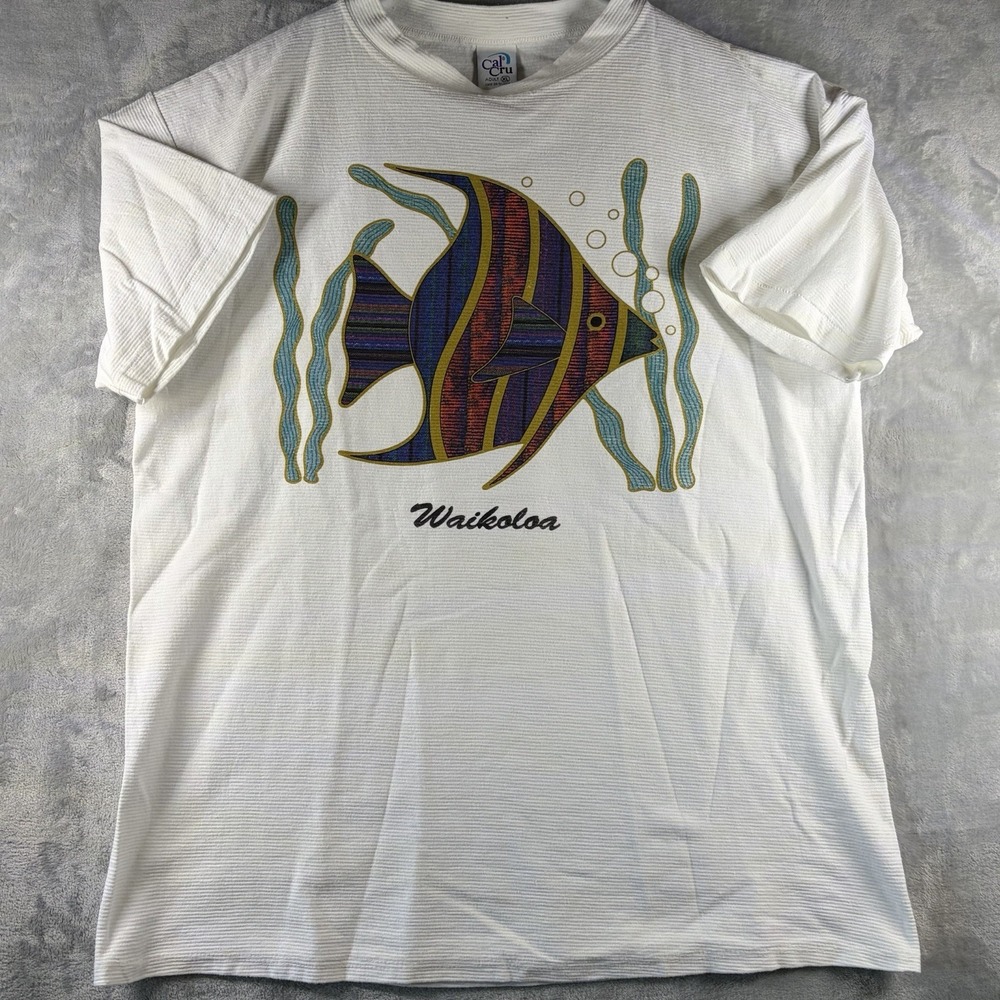 Vintage 90s Waikoloa Hawaii Angelfish Graphic Tee White Cal Cru USA Made XL